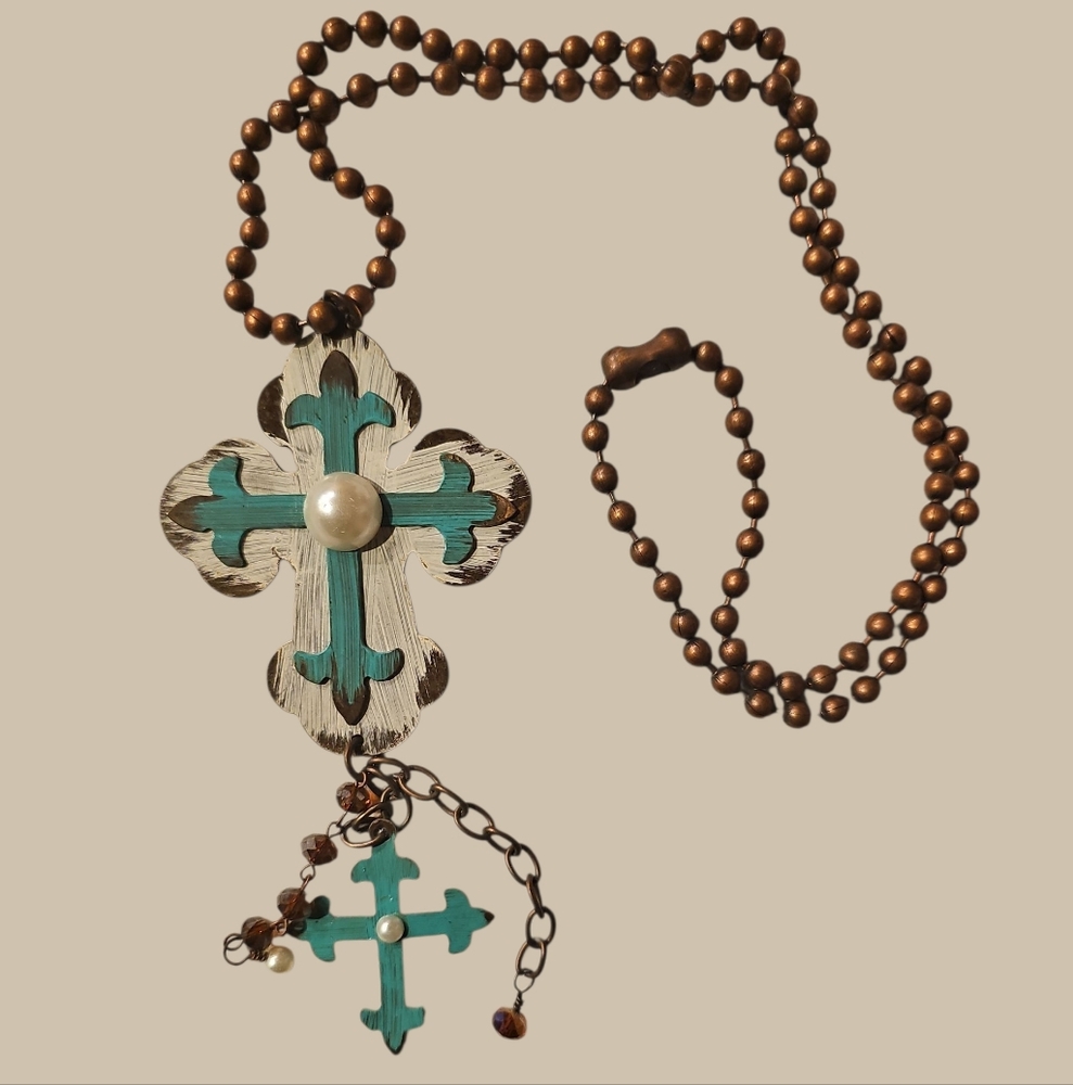 Turquoise and Brown Cross Pendant Necklace With Faux Pearl